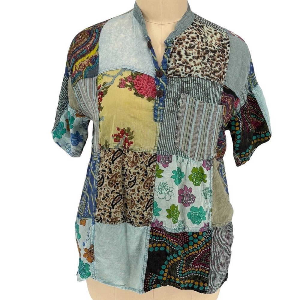 Kathmandu Imports Patchwork Henley Top‎ Multi Color 100% Cotton XL